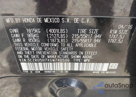 2016 Honda Hr-V Ex-L z USA, uszkodzony, nr VIN 3CZRU5H7XGM740506